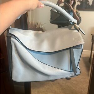 Loewe Blue Puzzle Shoulder Bag with Structured Shape and Flap Closure